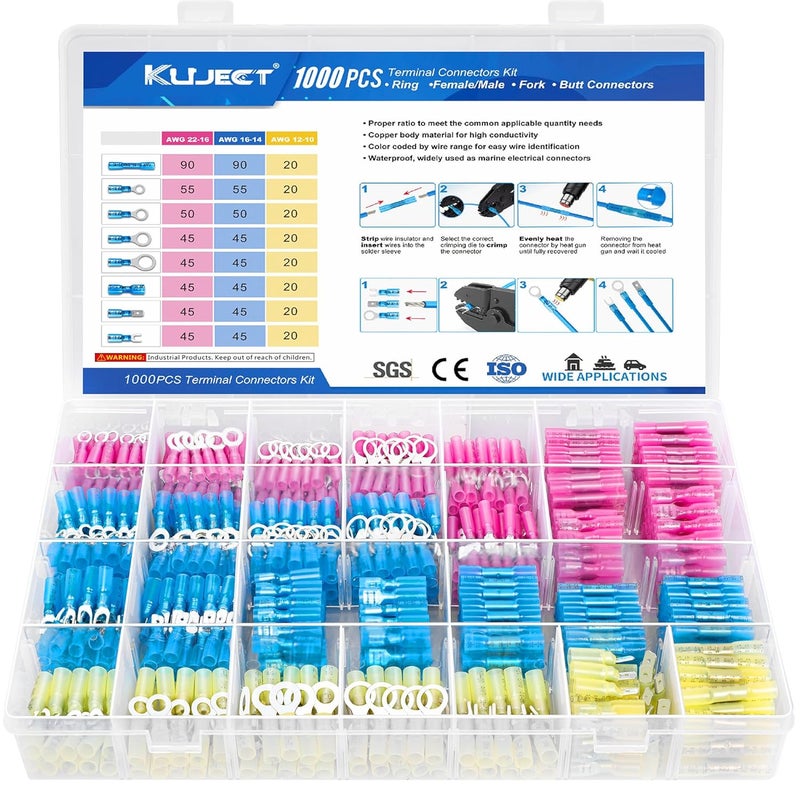 Kuject 1000PCS Heat Shrink Wire Connectors Kit, Electrical Waterproof Crimp Butt Terminals, Insulated Spade Connectors for Automotive Marine Boat Truck, Include Rings Forks Spade Butt Splices - Image 1